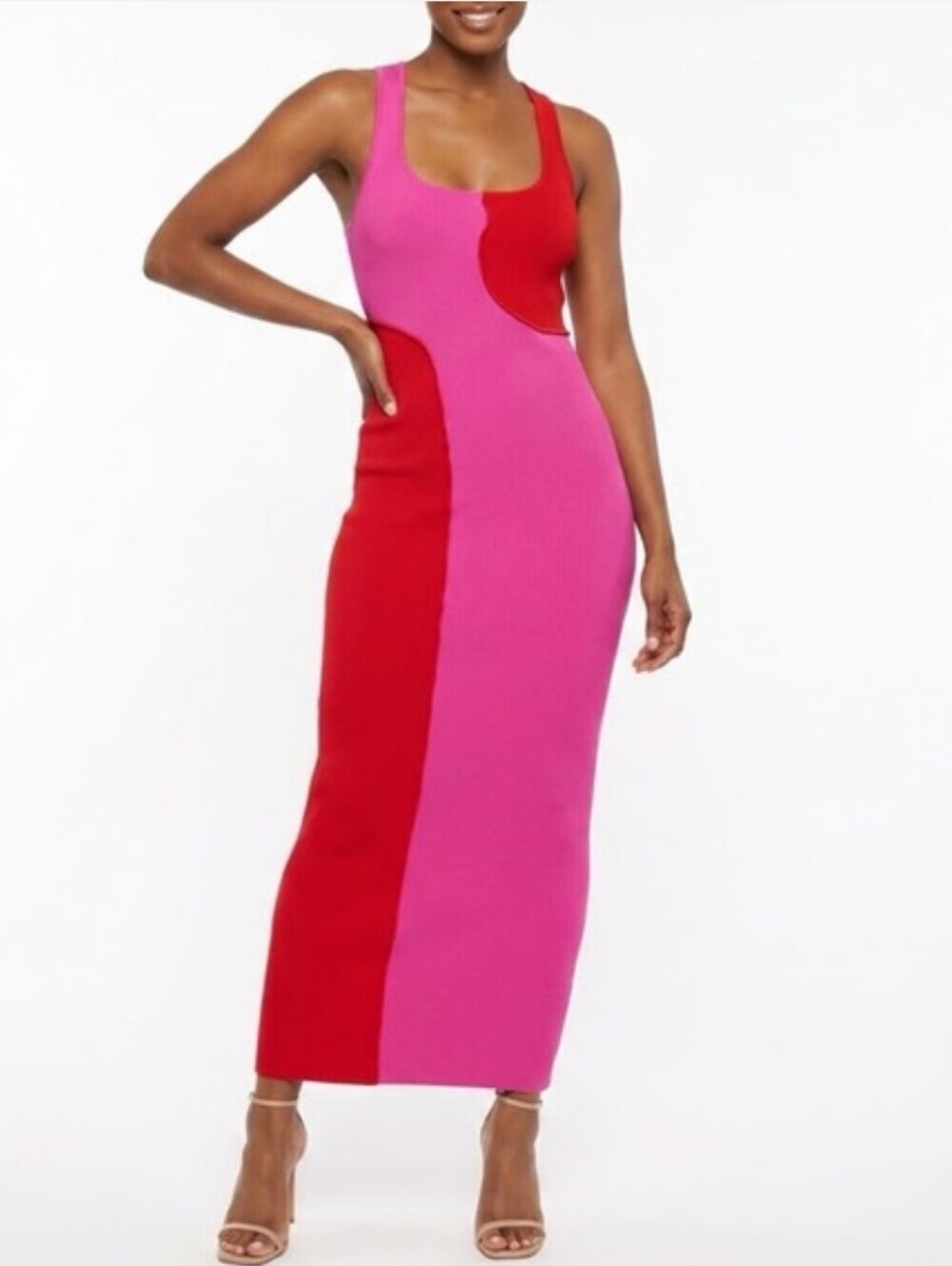 Naked Wardrobe Pink Red Colorblock Bodycon Maxi Dress Ribbed Stretch Small NWOT
